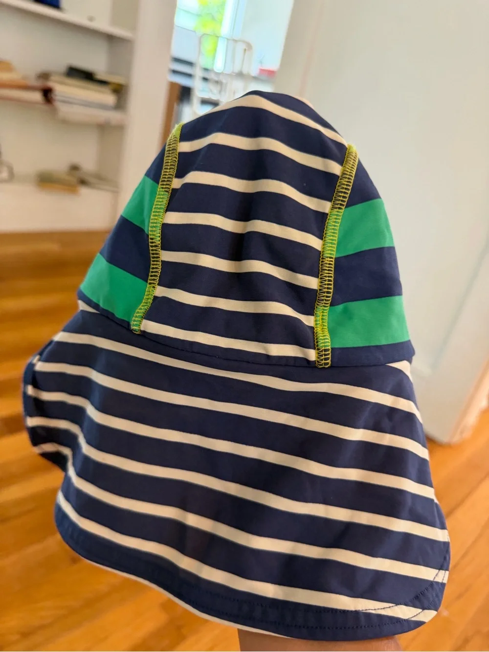 Baby Boden Navy and White Striped Swim Hat with Green Trim